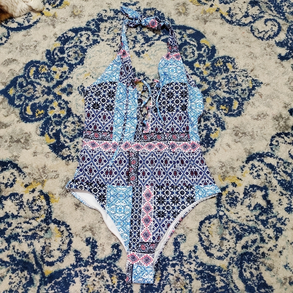 Cupshe Patchwork Print One-Piece Halter Swimsuit M - image 2